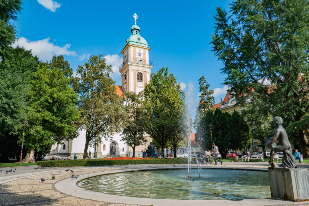 Widok na plac z fontanną i katedrę w tle