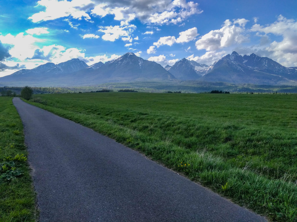 Wąska droga asfaltowa w polu, w tle Tatry