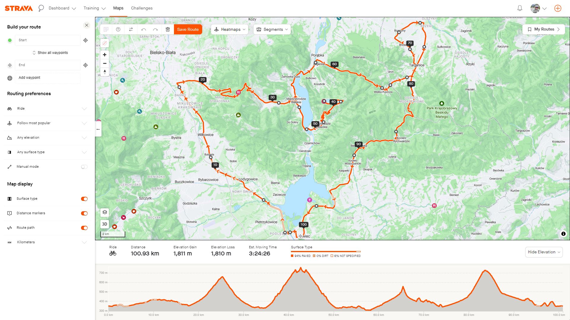 Planowanie tras rowerowych w aplikacji Strava - widok plan, na którym widzimy w górnej części mapę oraz w dolnej profil przewyższeń